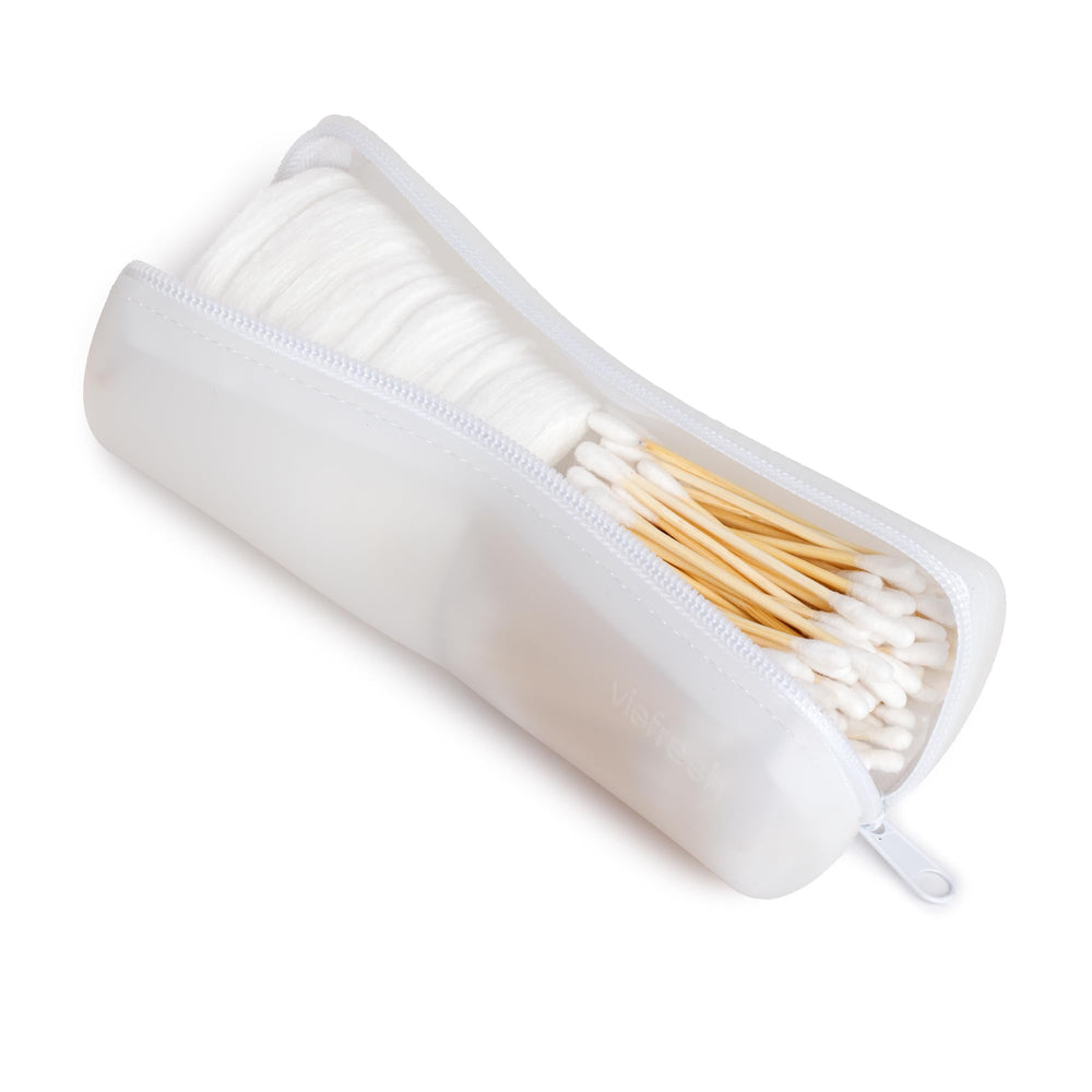 Visfresh travel case dual compartment keeps cotton rounds and q-tips organized during travel.