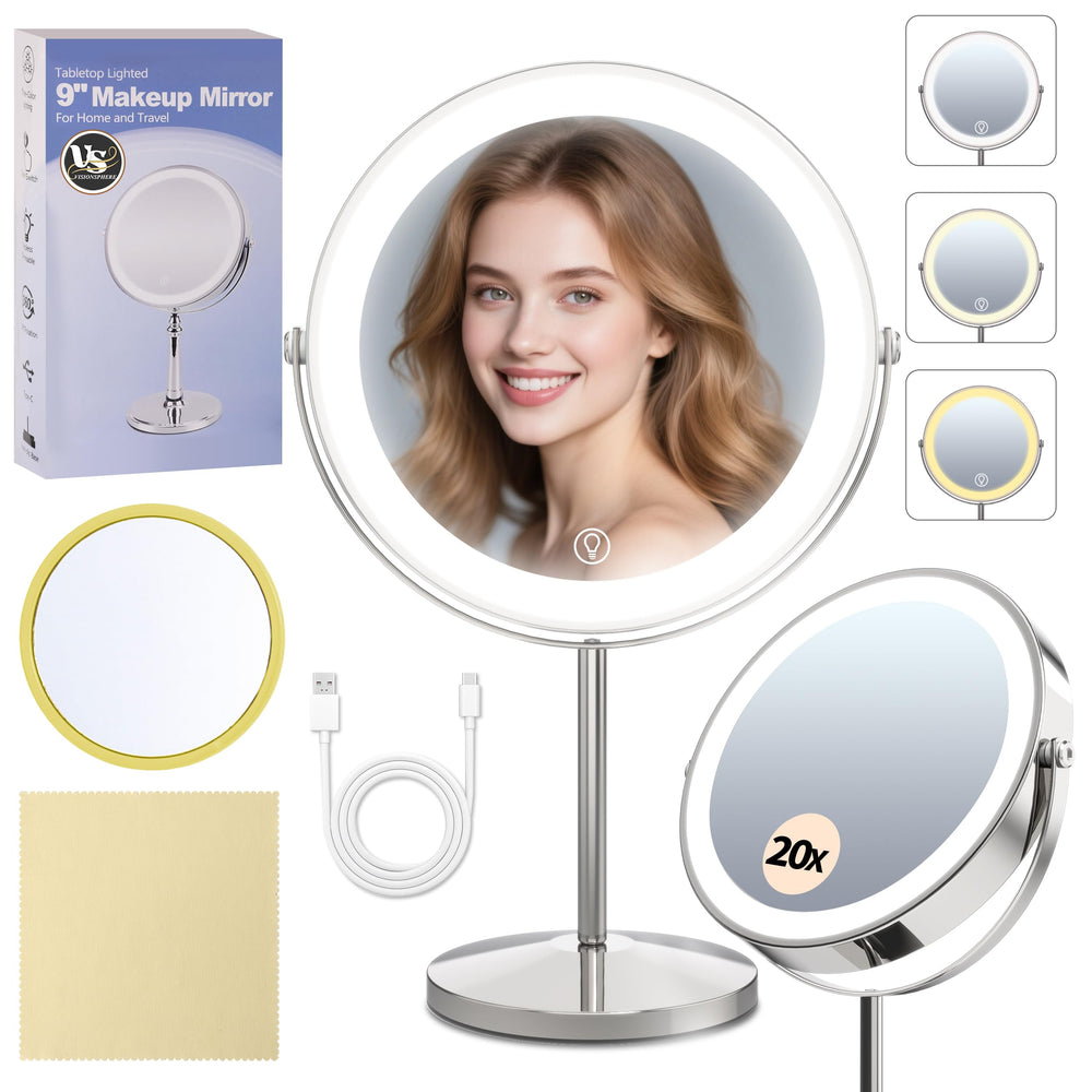 VisionSphere 9-inch magnifying mirror with light for precise makeup and brow shaping.