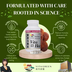 Vita Green Hair Growth Supplement capsules closeup shows easy daily use and consistency.