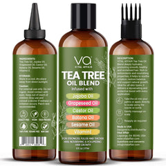 VITAL AFFAIR Tea Tree Hair Oil label closeup shows vegan, cruelty-free, paraben-free formula.