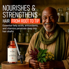 Vital Strands Batana Oil drops pouring, illustrating lightweight daily serum for hair growth support.