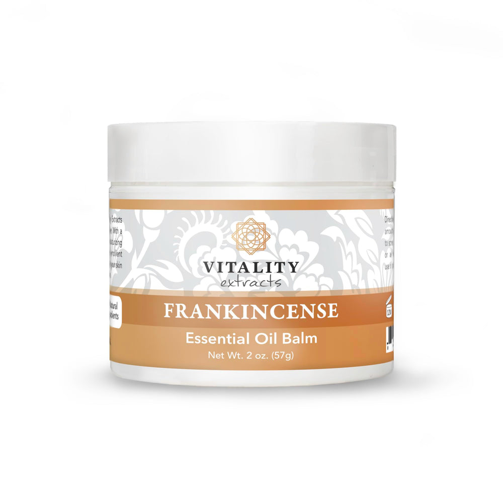 Vitality Extracts Frankincense Balm 2oz jar close-up showing rich hydration for dry skin