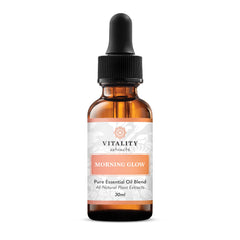 Vitality Morning Glow bottle closeup with avocado and rosehip oils, hydrating skin