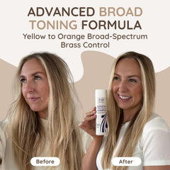 VITAMINS hair cosmetics blue shampoo bottle closeup emphasizes tone-correcting blue violet formula.