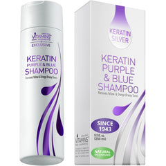 VITAMINS hair cosmetics keratin purple shampoo bottle shows color-neutralizing care for blondes.