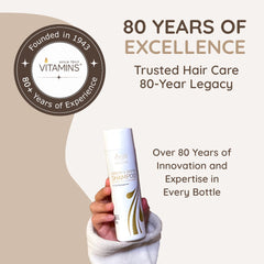 VITAMINS keratin shampoo bottle on sink for versatile styling