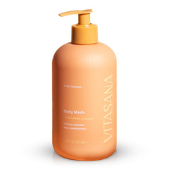 Vitasana Mandarin Orange Body Wash bottle front shows plant-based formula for sensitive skin.