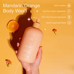 Vitasana Mandarin Orange Body Wash bottle pour highlights easy-rinse, hydrating cleanse.