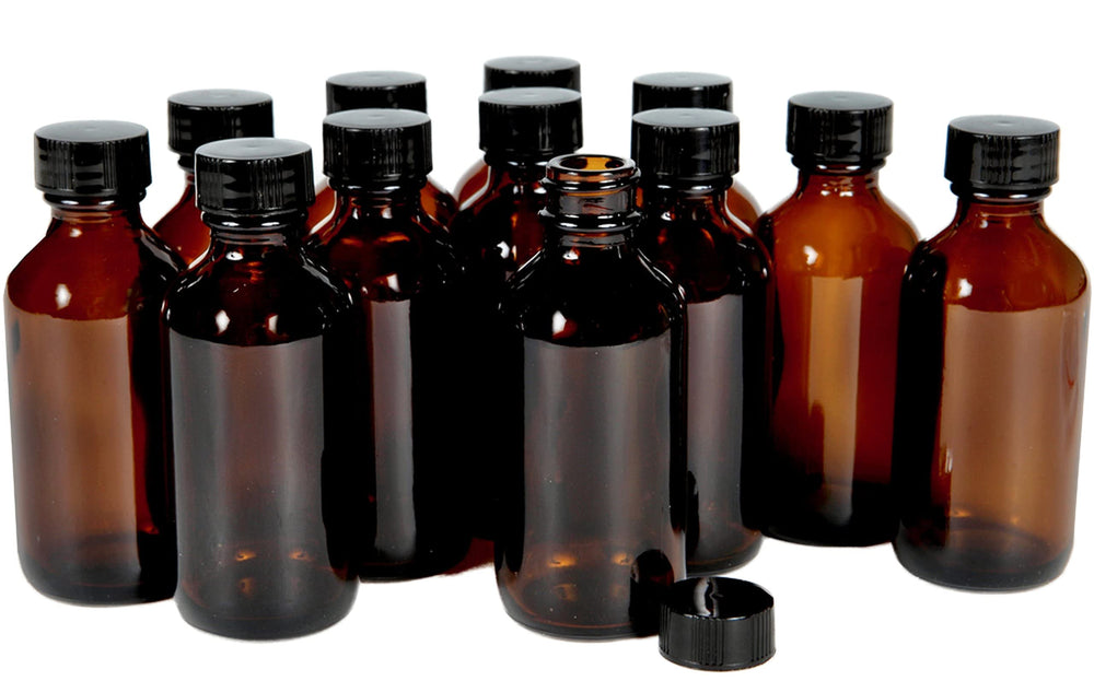 Vivaplex amber bottle 2oz with black lid, front view, ideal for travel storage.