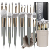 VIVID BEAUTY 18-piece brush set with gray wood handles for versatile face and eye makeup