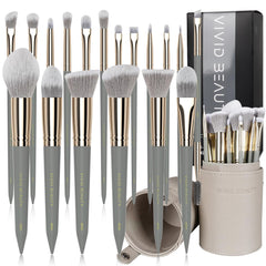VIVID BEAUTY 18-piece brush set with gray wood handles for versatile face and eye makeup