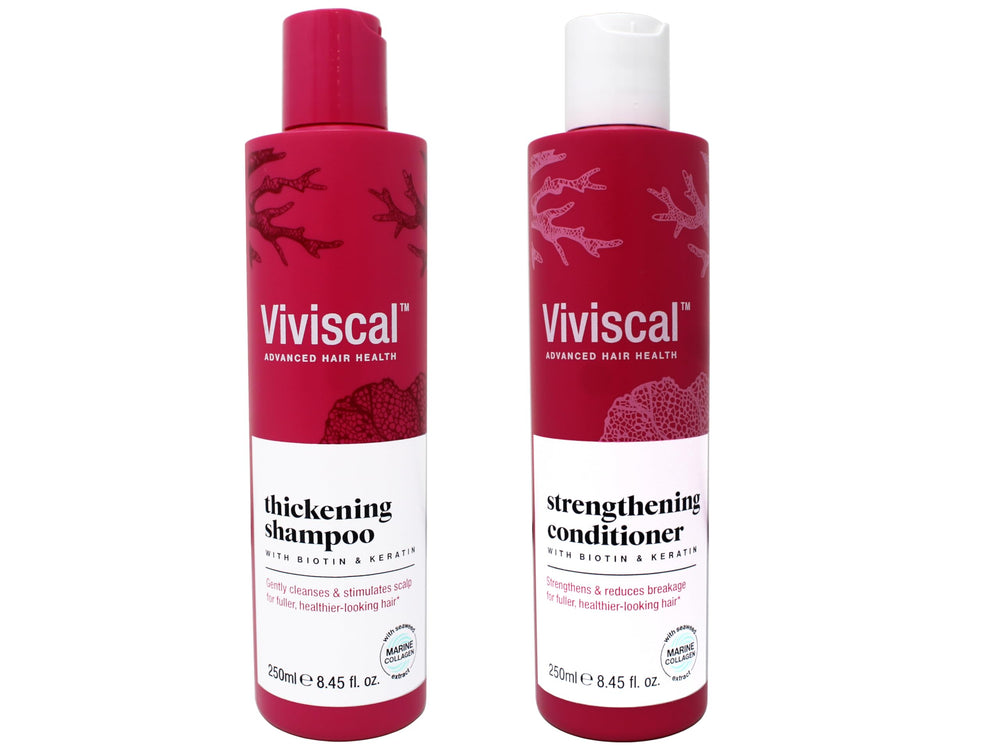 Viviscal densifying shampoo bottle front showing packaging for fuller-looking hair.