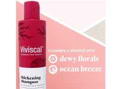 Viviscal densifying shampoo pour action showing product release for thicker-looking strands.