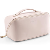 Vlando makeup bag apricot pink front view showing spacious capacity for cosmetics