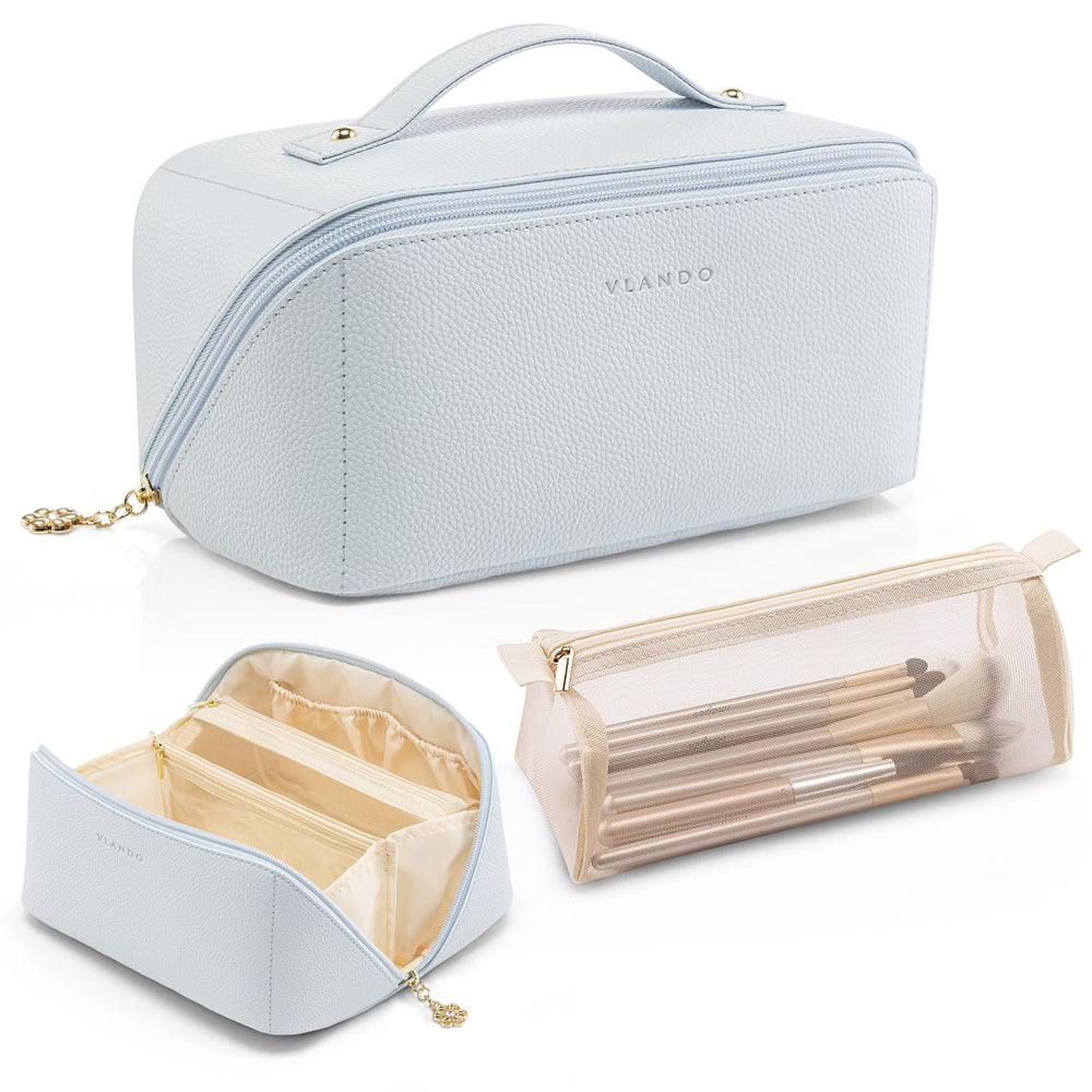 Vlando makeup bag open-flat design for easy access on travels