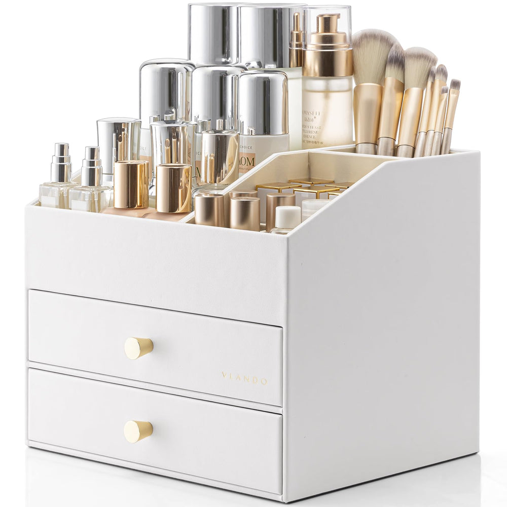 Vlando makeup organizer vanity white keeps cosmetics organized and within reach.