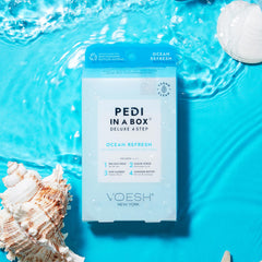 VOESH Pedi in a Box Eucalyptus Energy Boost with sugar scrub for invigorating spa-like freshness.
