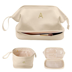Vogewood initial large makeup bag with double layers for travel organization.