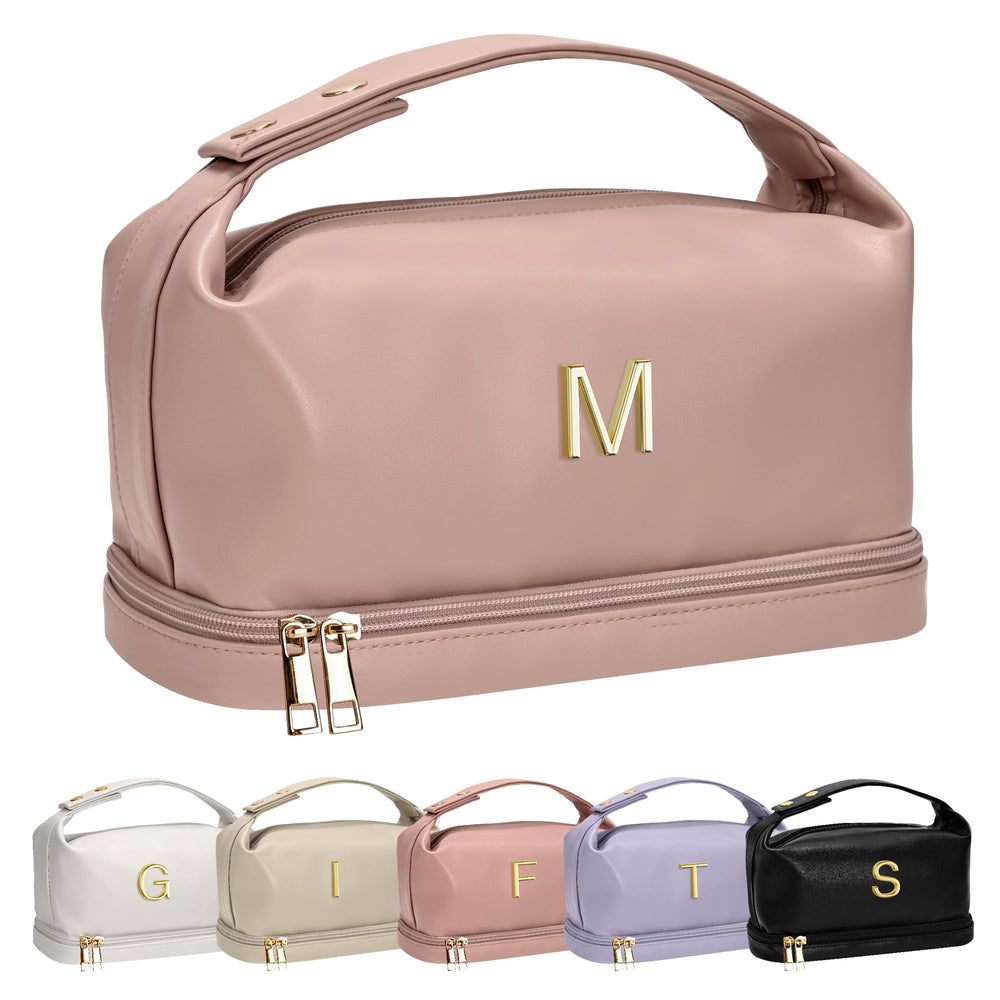 Vogewood personalized makeup bag with handle shown for easy travel storage