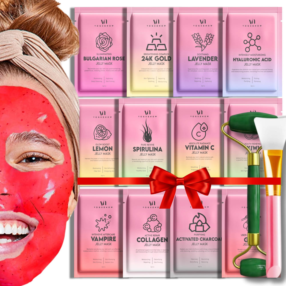 VogueNow jelly mask facial kit on vanity for an at-home spa glow and hydration.