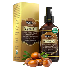 VoilaVe Argan oil bottle showing lightweight moisturizer for face, hair, and nails