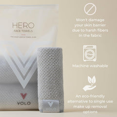 VOLO Luna Gray Face Towel 12x12 inch dimensions shown for versatile use.