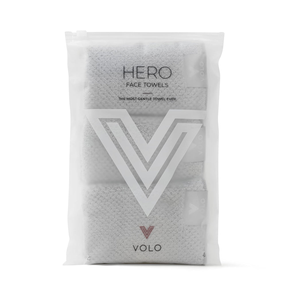 VOLO Hero Luna Gray Face Towel pack closeup highlighting premium absorbency for quick dry.