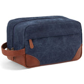 Vorspack large travel toiletry bag navy, side view shows roomy capacity for cosmetics and essentials