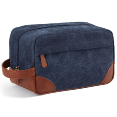 Vorspack large travel toiletry bag navy, side view shows roomy capacity for cosmetics and essentials