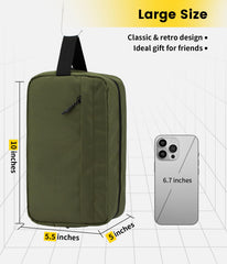 Vorspack travel toiletry bag army green main compartment shows roomy space for cleanser and shaver.