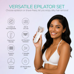 VOYOR BM300 epilator in-hand use showing cordless flexibility for legs and arms