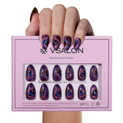 VSALON Short Almond nails with sparkle ribbon design showing shifting hues for dramatic light play