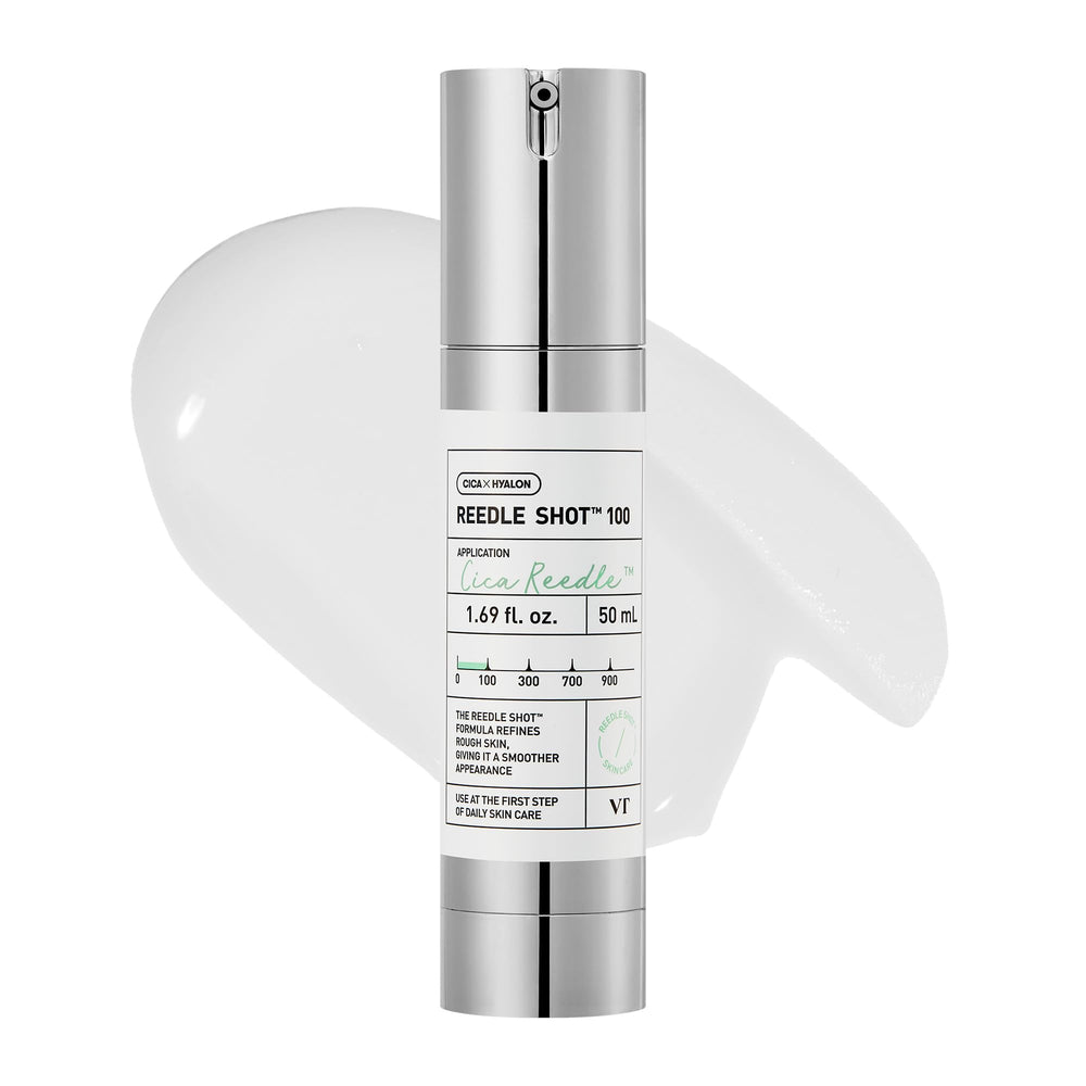 VT COSMETICS CICA Reedle Shot bottle close-up illustrating soothing essence for enhanced absorption.