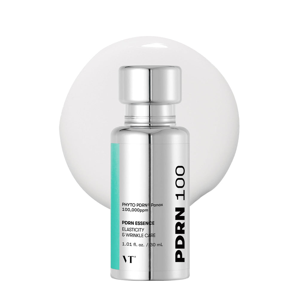 VT COSMETICS PDRN 100 Essence bottle close-up shows vegan formula for radiant skin.