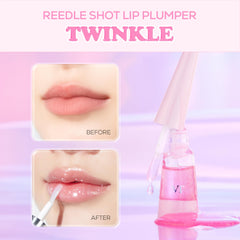 VT COSMETICS Reedle Shot Lip Plumper Twinkle gloss swatch highlights luminous pink shimmer