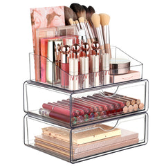 Vtopmart 3-tier clear makeup organizer with drawer keeps cosmetics organized and accessible.