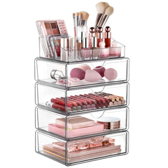 Vtopmart 5-tier makeup organizer top compartment keeps frequently used items within reach.