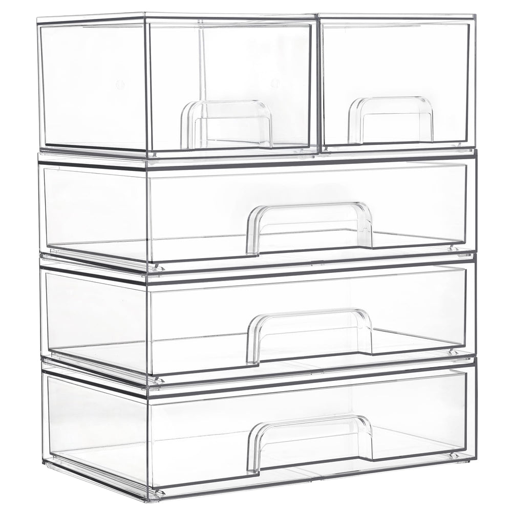 Vtopmart clear stackable drawers front view for space-saving bathroom organization.