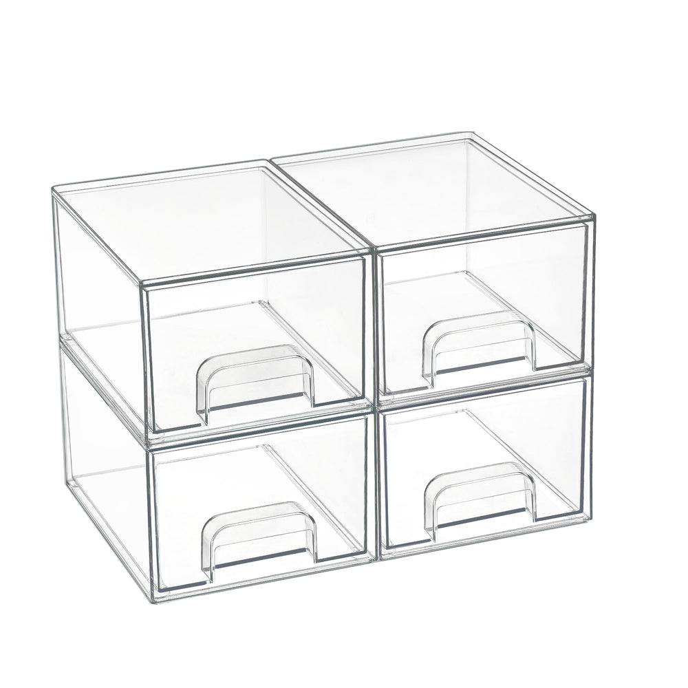 Vtopmart clear stackable drawers four-pack outer box enables compact storage.