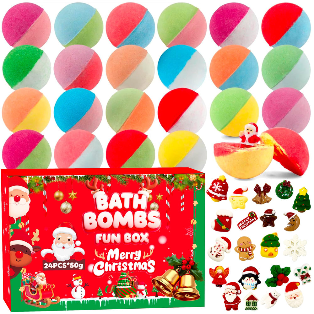 VVBAODL Christmas bath bombs advent calendar cover shows festive wrappers for spa-like bath time mood.