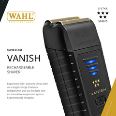 Wahl Professional 5 Star Vanish Shaver lithium-ion battery provides long runtime for extended sessions.