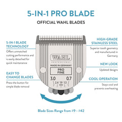 Wahl Professional Animal 5-in-1 blade displaying sizes 9 to 40 for precise grooming.