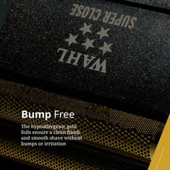 Gold foil detail from Wahl Professional indicating reduced friction for comfortable shaves