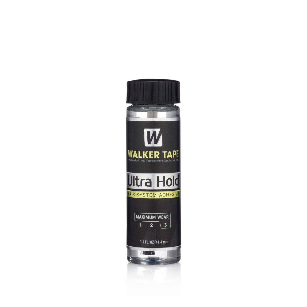 Walker Tape Ultra Hold bottle demonstrates a waterproof, long-lasting wig adhesive for sensitive skin