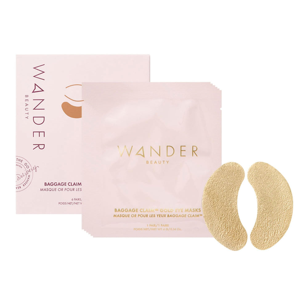 Wander Beauty Baggage Claim gold foil under-eye patches pack for hydration.