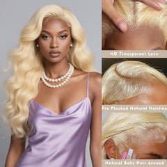 WAQI 613 13x6 blonde body wave close-up for versatile styling.