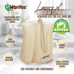 WARITEX loofah texture close-up shows plant-based fibers for exfoliation.