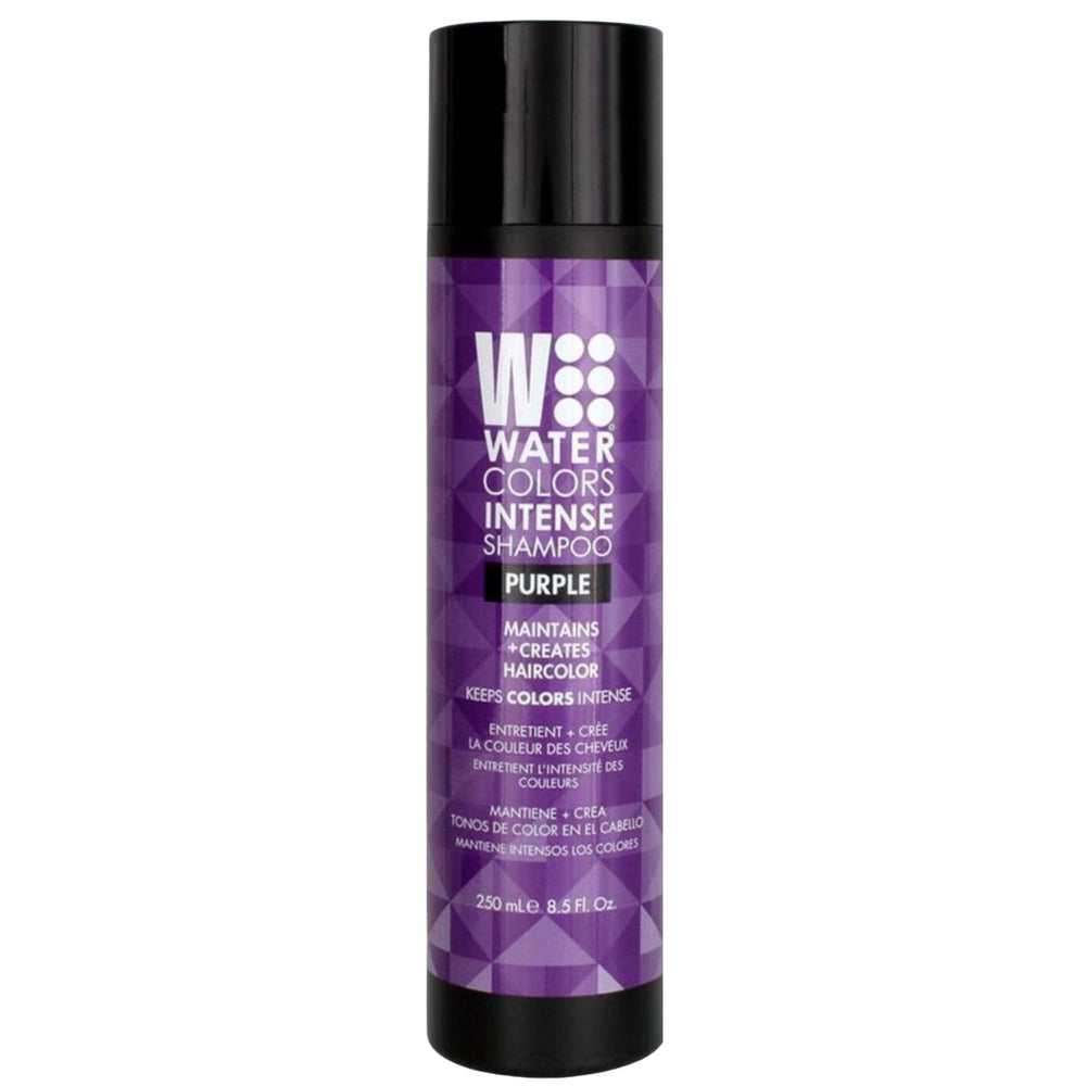 Watercolors intense color depositing shampoo purple bottle displaying vibrant color retention.