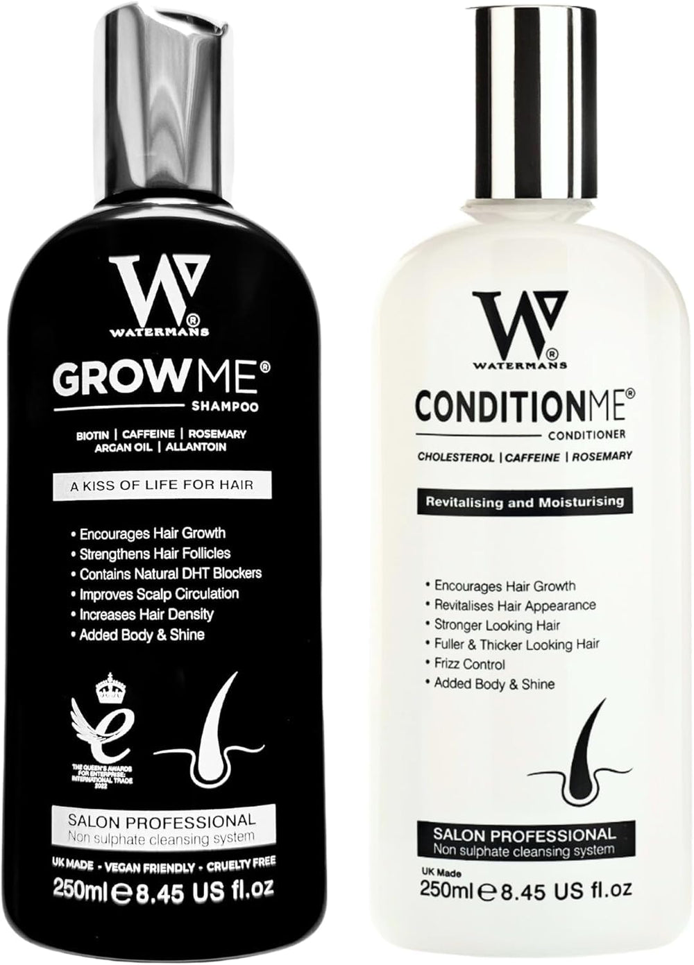 Watermans Grow Me shampoo bottle features biotin boost for thicker-looking hair.