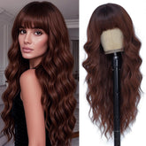 WAVE&BREEZE long auburn wig bangs closeup highlights natural texture for daily styling.